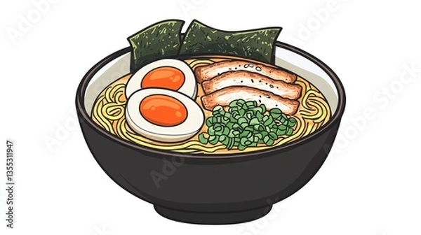 Obraz A Steaming Bowl of Ramen with Thin, Delicate Noodles Submerged in Rich Tonkotsu Broth, Topped with Soft-Boiled Egg Halves, Sliced Pork Chashu, Green Onions, Nori Seaweed, and a Sprinkle of Sesame Seed