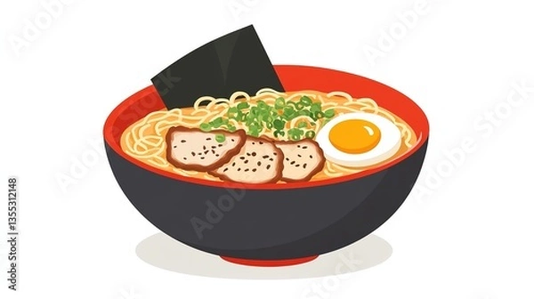 Obraz A Steaming Bowl of Ramen with Thin, Delicate Noodles Submerged in Rich Tonkotsu Broth, Topped with Soft-Boiled Egg Halves, Sliced Pork Chashu, Green Onions, Nori Seaweed, and a Sprinkle of Sesame Seed