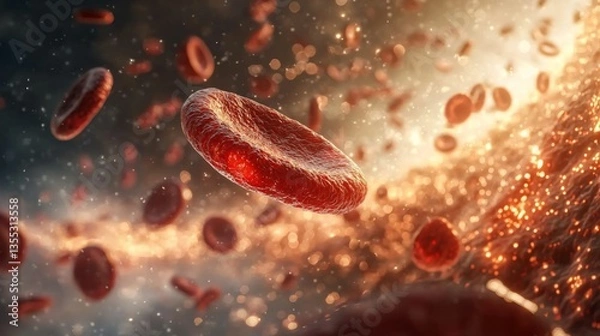 Fototapeta Heart, circulation and medical concept. Blood cells in an abstract, dynamic background of motion and light.