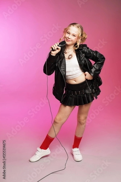 Fototapeta Full-Body Shot of Ten-Year-Old Karaoke Singer