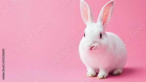 Fototapeta Photo of a little bunny, on a soft pink background Easter theme