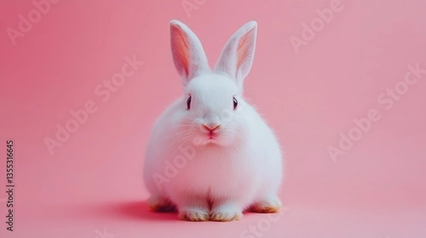 Fototapeta Photo of a little bunny, on a soft pink background Easter theme