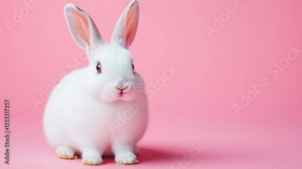 Fototapeta Photo of a little bunny, on a soft pink background Easter theme