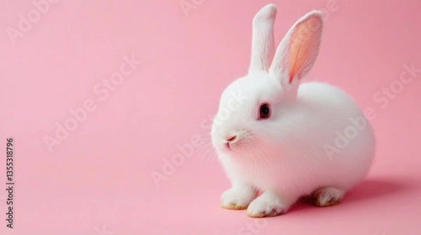 Fototapeta Photo of a little bunny, on a soft pink background Easter theme