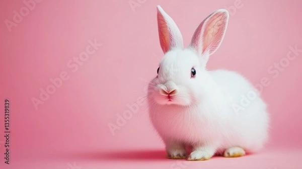 Fototapeta Photo of a little bunny, on a soft pink background Easter theme