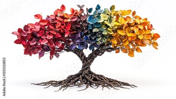 Fototapeta "A Symbolic Family Tree with Roots Intertwining and Forming a Strong Trunk, with Vibrant Leaves in Various Colors Representing the Uniqueness of Every Family Unit