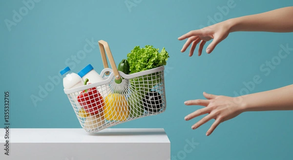 Fototapeta A conceptual and minimalist stock image depicting a modern shopping basket suspended above a pair of outstretched hands, symbolizing online shopping, grocery delivery