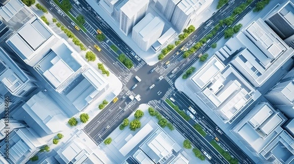 Obraz A Top-Down View of a Modern Urban City Center with High-Tech Office Buildings, Smart Roads, Autonomous Electric Vehicles, and Innovative Infrastructure