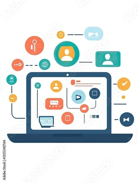 Fototapeta Modern digital communication system on laptop.  Connections and interactions visualized