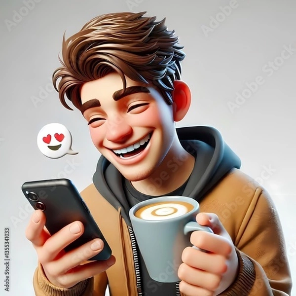 Fototapeta Young Man with Smartphone and Heart Icons - Smiling professional with heart visuals, symbolizing social media engagement, digital relationships, and approachable networking.