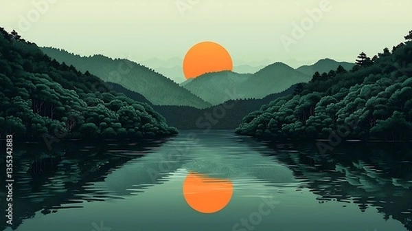 Fototapeta Serene sunset over tranquil lake and mountain range, reflected in calm water.