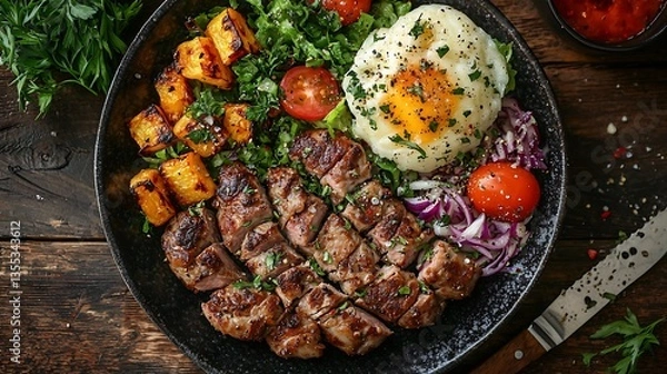 Fototapeta Seared steak, roasted butternut squash, fried egg, and fresh salad bowl.