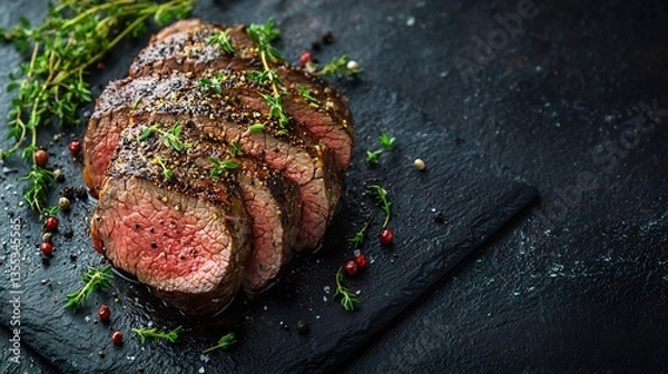 Fototapeta Sliced grilled steak with herbs and spices on dark stone.