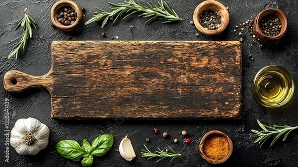 Fototapeta Rustic wooden cutting board with herbs, spices, and garlic on dark background.