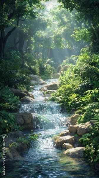 Fototapeta Sunlight streams through lush forest, cascading mountain stream
