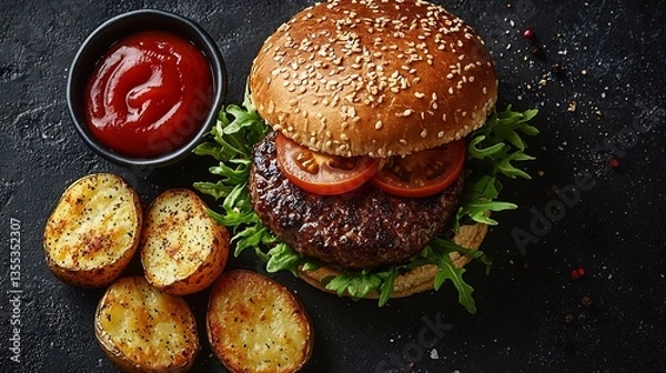 Fototapeta Juicy beef burger with sesame bun, tomato, arugula, ketchup, and roasted potato wedges on dark background.
