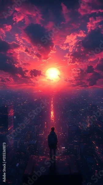 Fototapeta Twilight over bustling city skyline high resolution picture