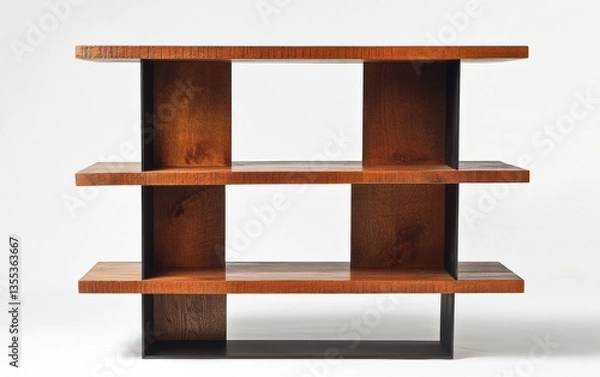 Obraz A minimalist wooden shelving unit with horizontal and vertical panels on a white background.