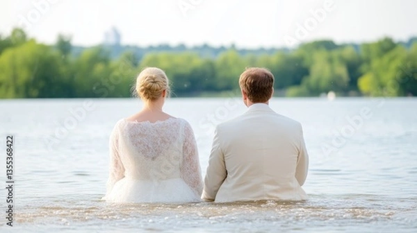 Fototapeta Couple sits in shallow water, backs to viewer, on a lake, wedding ceremony, serene, outdoors