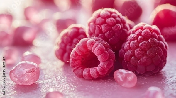 Fototapeta Raspberry with Rose Quartz on a Gently Pink, Soft Focus Background