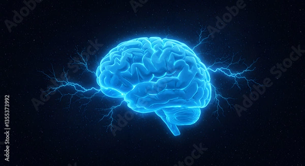 Fototapeta Human brain digital illustration. Electrical activity, flashes and lightning on a blue background. Digital Illustration of the Human Brain. Electrical Activity, Flashes, and Lightning on a Blue Backgr