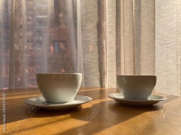 Fototapeta Two minimalist white coffee cups casting long shadows on a wooden surface, with sheer curtains and city buildings in soft focus in the background