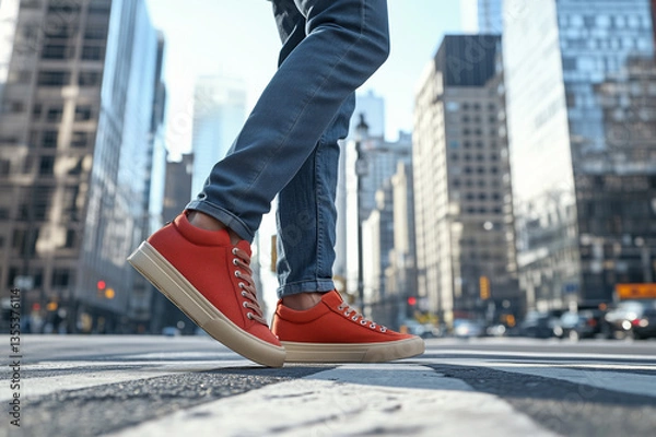 Obraz Close-up of human feet in sneakers walking along a large urban intersection. Comfortable men's or women's shoes for walking around the city.