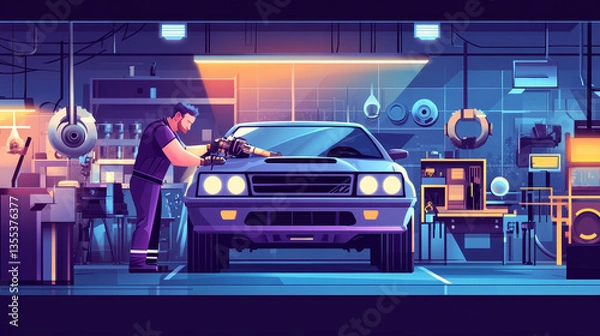 Fototapeta Car garage service repair station banner mechanic vehicle auto on hand concept vector illustration. Transportation technician mechanical inspection engine shop.