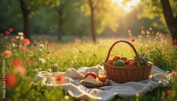Fototapeta A close-up shot of a picnic basket filled with fruit, a teapot, and a teacup, set on a blanket in a grassy field. The sun is shining and the overall tone of the image is peaceful and romantic, conveyi