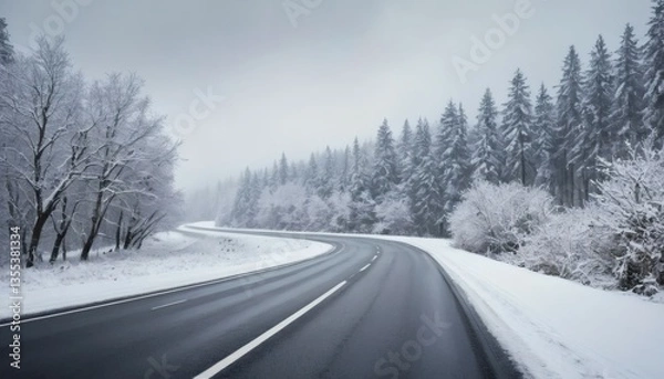 Obraz Snowy Winter Road Curves Through Forest Landscape Under Cloudy Gray Sky