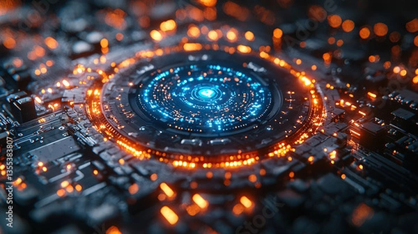 Obraz Illuminated circuit board glows with intricate patterns, representing cutting-edge technology and digital advancement.