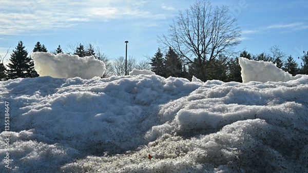 Fototapeta Pile up of ice and snow at the public park.