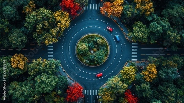 Fototapeta Aerial view of a roundabout surrounded by autumn foliage. Cars navigate the circular roadway