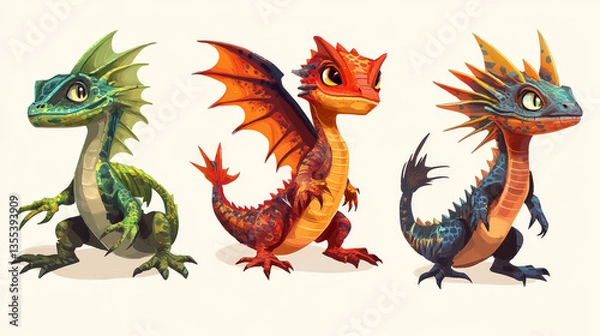 Fototapeta Reptyle vector lizard reptile isolated illustration wild cartoon nature dragon lizard gecko, chameleon rerptile design flat drawing body monster character collection