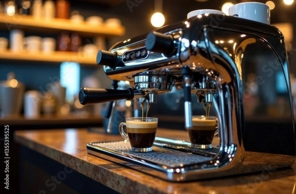 Fototapeta Elegant espresso machine brewing coffee in a cozy café setting  