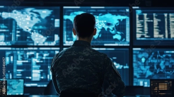 Fototapeta Cybersecurity expert monitors global threat landscape in command center environment