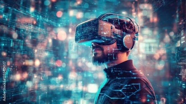 Fototapeta Man experiences virtual reality through advanced augmented reality interface