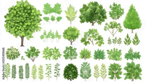 Obraz Watercolor Trees and Greenery Elements for Design and Decoration on White Background