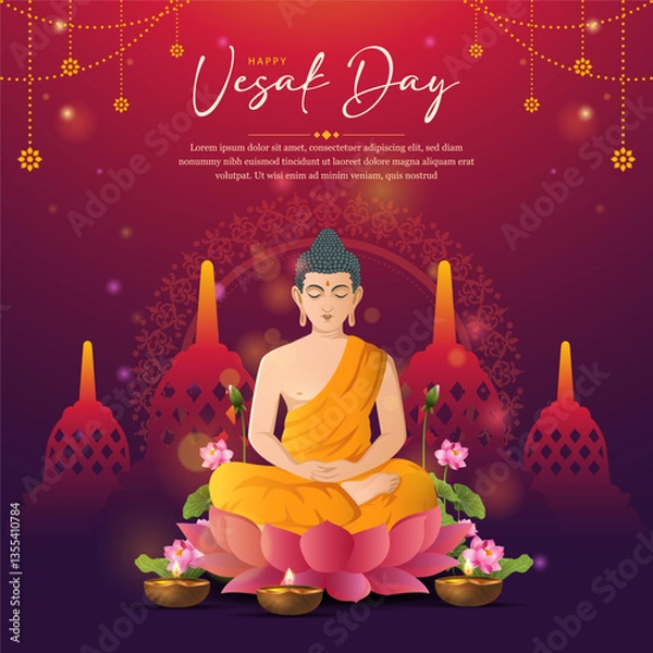 Fototapeta Happy Vesak Day with lord budha and temple ornament background. with gradient color concept for banner, greeting card, cover