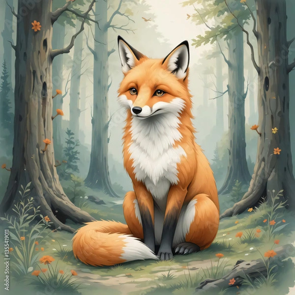 Fototapeta A soft watercolor painting depiction of a fox sitting in a forest.