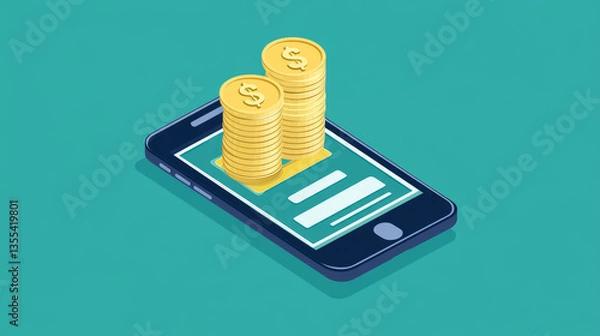 Fototapeta Online currency exchange money transfer, mobile phone application, tiny character stand stack money isolated on white, flat vector illustration. Modern bank system, internet finance transmission.