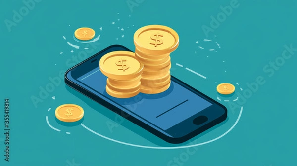 Fototapeta Online currency exchange money transfer, mobile phone application, tiny character stand stack money isolated on white, flat vector illustration. Modern bank system, internet finance transmission.