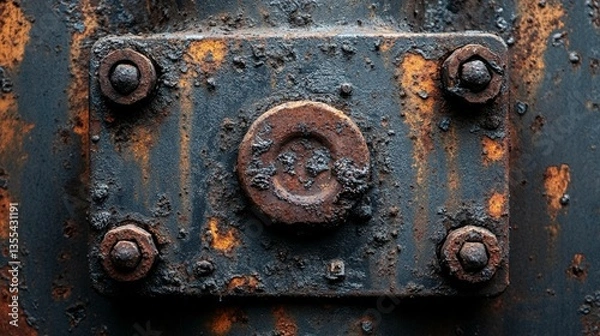 Fototapeta Close-up of rusty metal plate with bolts and central nut, showing texture and corrosion.