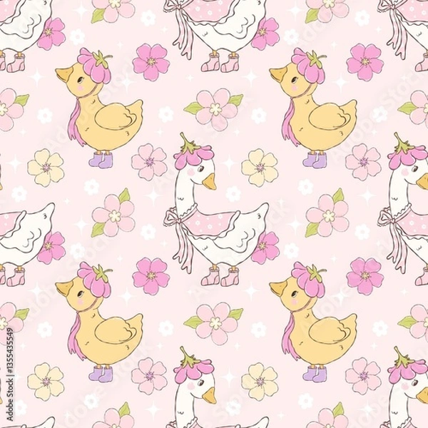 Obraz Vintage Cottagecore Duck and Goose Seamless Pattern with Flowers