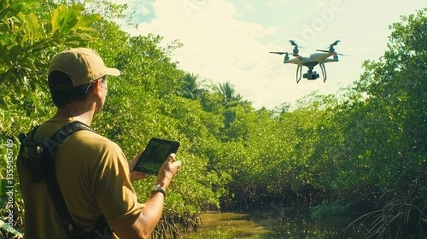 Fototapeta Drone pilot monitoring mangrove forest using advanced aerial surveillance technology