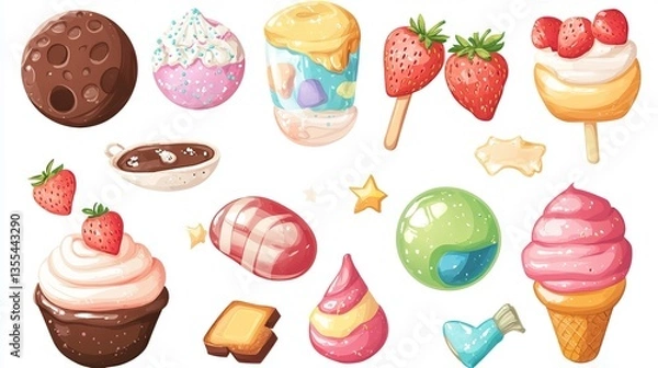 Fototapeta A candy space planet game world vector cartoon set, featuring magic chocolate and yummy cream food UI illustrations for a fantasy candyland universe. Includes strawberry desserts as asteroids 
