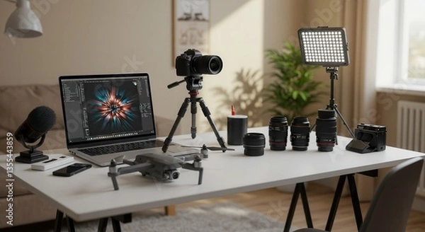 Fototapeta Photography and Videography Equipment Displayed on a Table with Laptop