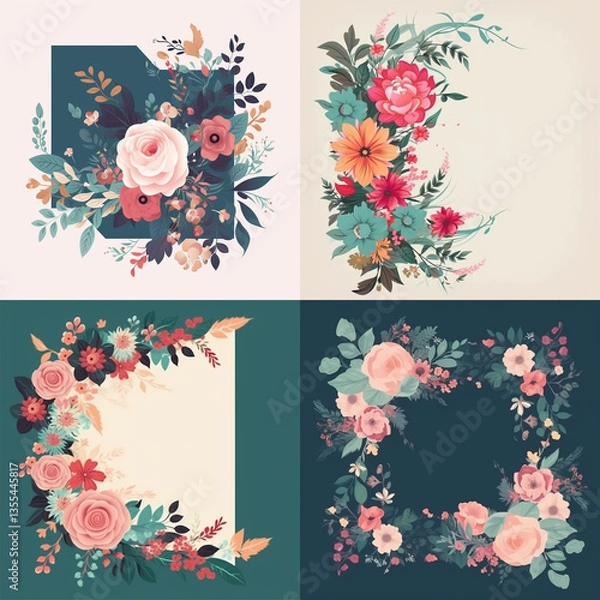 Fototapeta Four distinct floral arrangements showcasing various colorful flowers and green foliage, designed as decorative frames and corner accents for artistic projects.