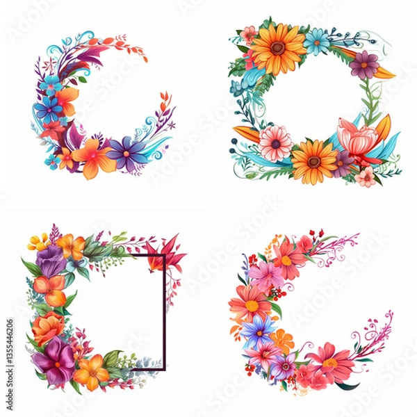 Obraz Four watercolor floral frames and borders with vibrant colors and delicate details, perfect for invitations and decorations.