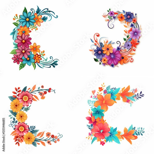 Fototapeta Four floral arrangements in a crescent shape, each with different colors and flower types.